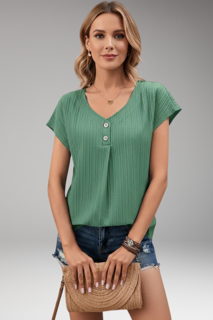 Women's Short-Sleeved T-shirt with V-Neck and Ribbed Texture