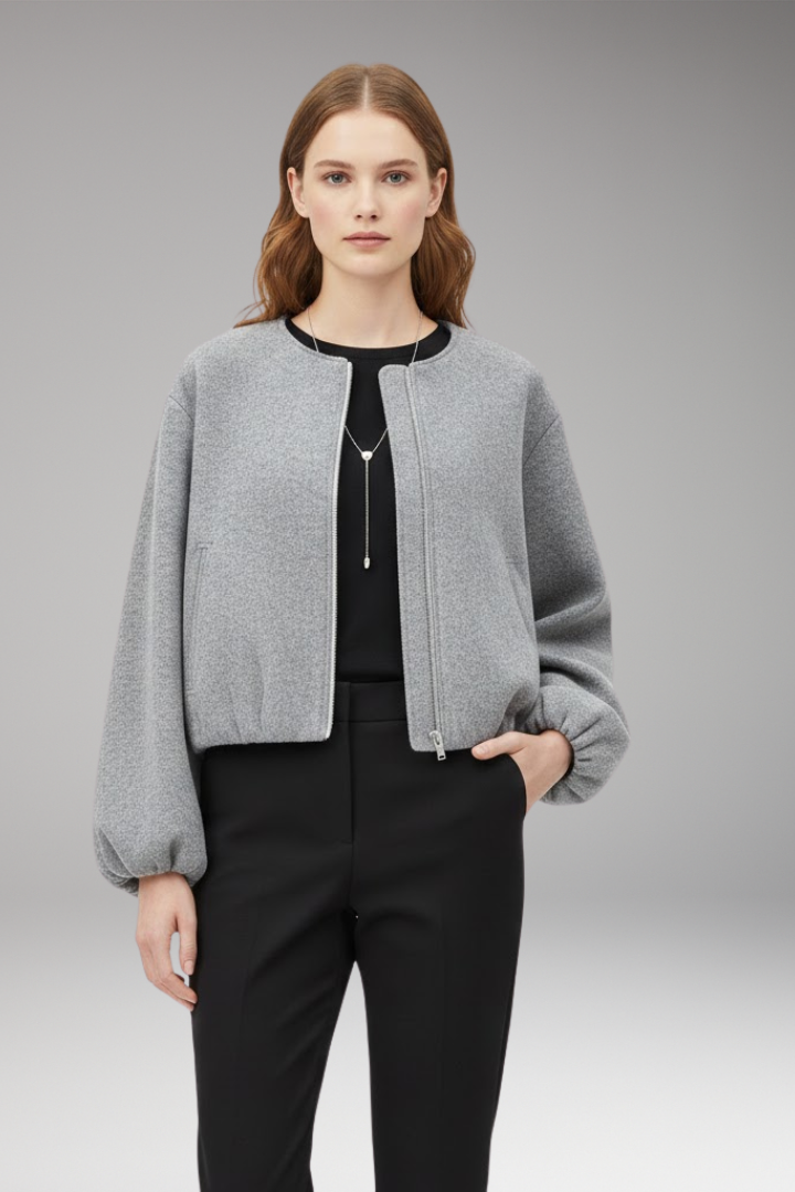 Women’s Short Bomber Jacket with Front Zipper and Long Sleeves