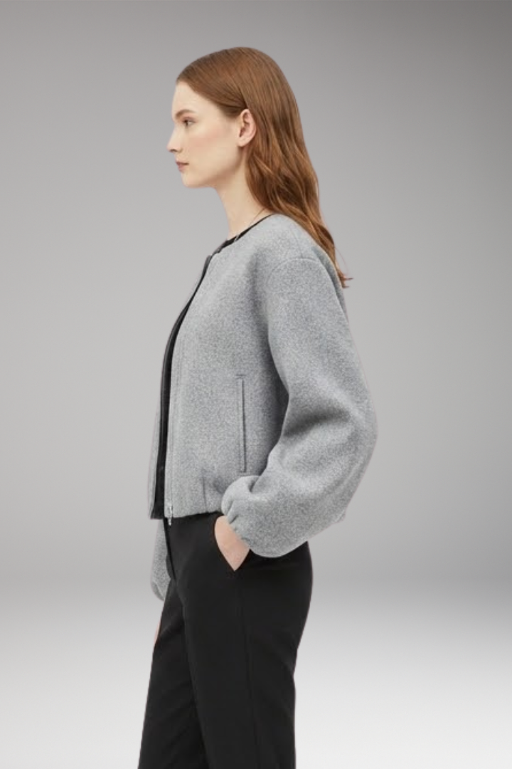 Women’s Short Bomber Jacket with Front Zipper and Long Sleeves