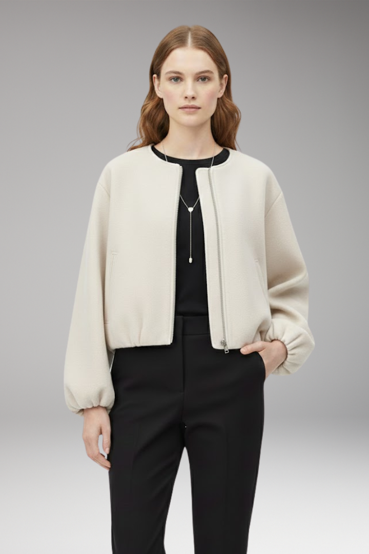 Women’s Short Bomber Jacket with Front Zipper and Long Sleeves
