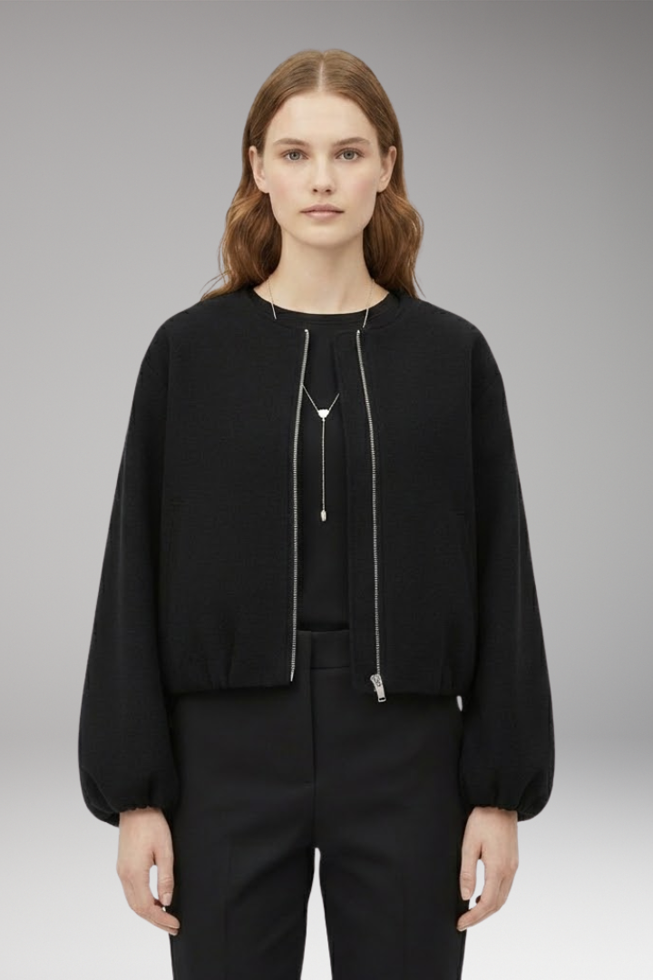 Women’s Short Bomber Jacket with Front Zipper and Long Sleeves