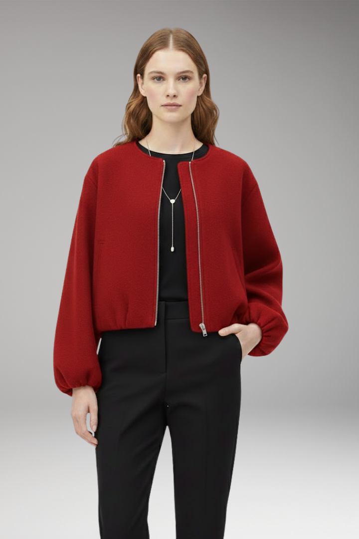 Women’s Short Bomber Jacket with Front Zipper and Long Sleeves