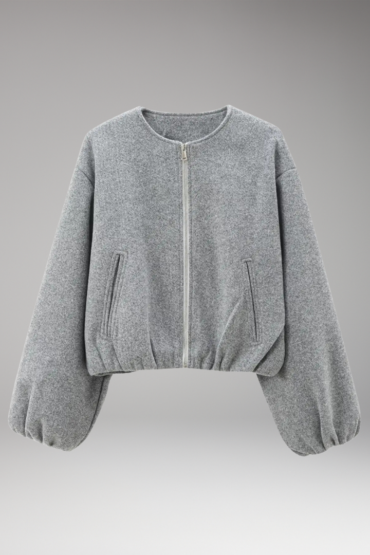 Women’s Short Bomber Jacket with Front Zipper and Long Sleeves