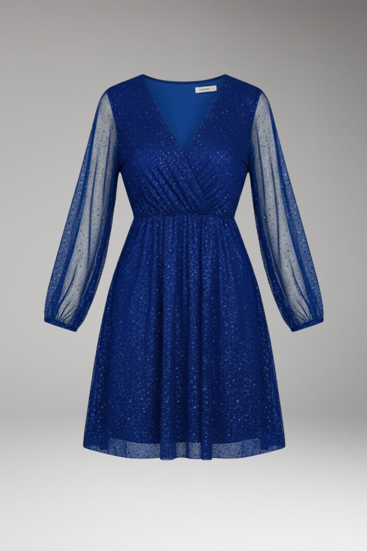Women's Short Dress with Sequin Design and Transparent Sleeves