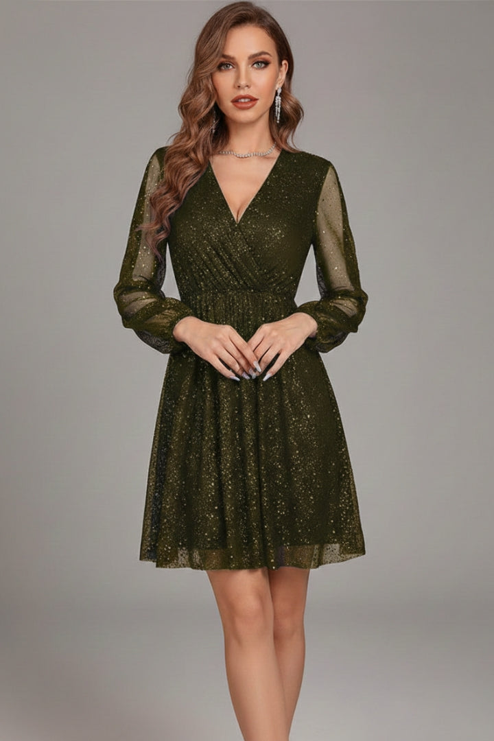 Women's Short Dress with Sequin Design and Transparent Sleeves