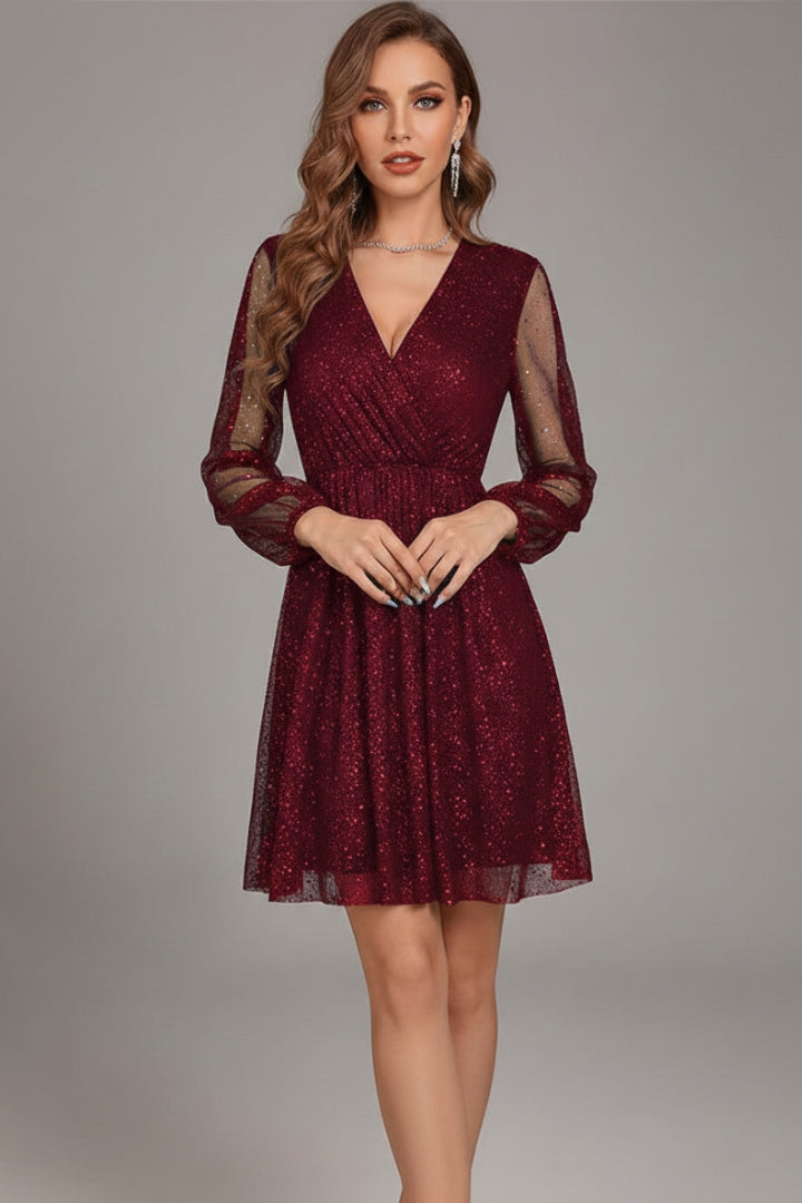 Women's Short Dress with Sequin Design and Transparent Sleeves