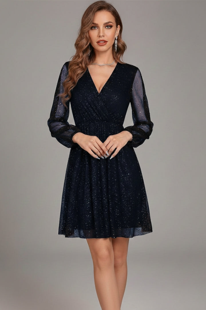Women's Short Dress with Sequin Design and Transparent Sleeves