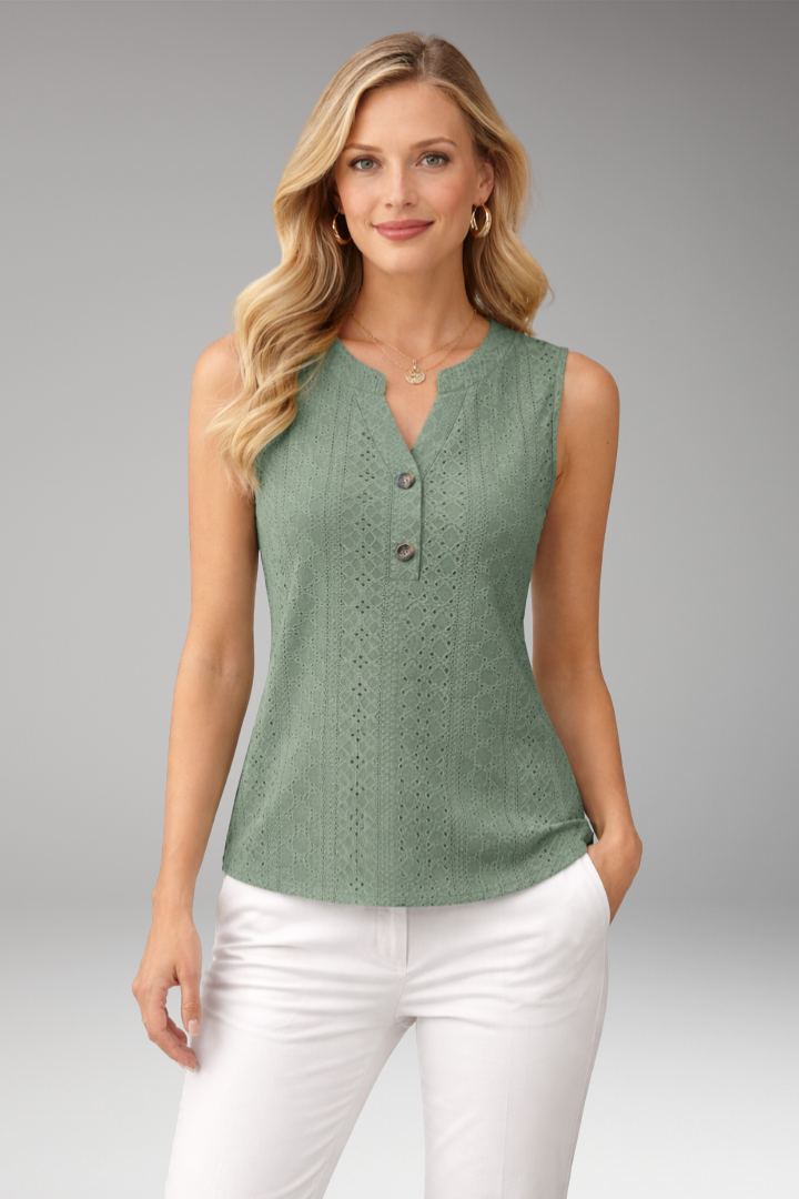 Women's Sleeveless Blouse with Button Placket and Openwork Pattern