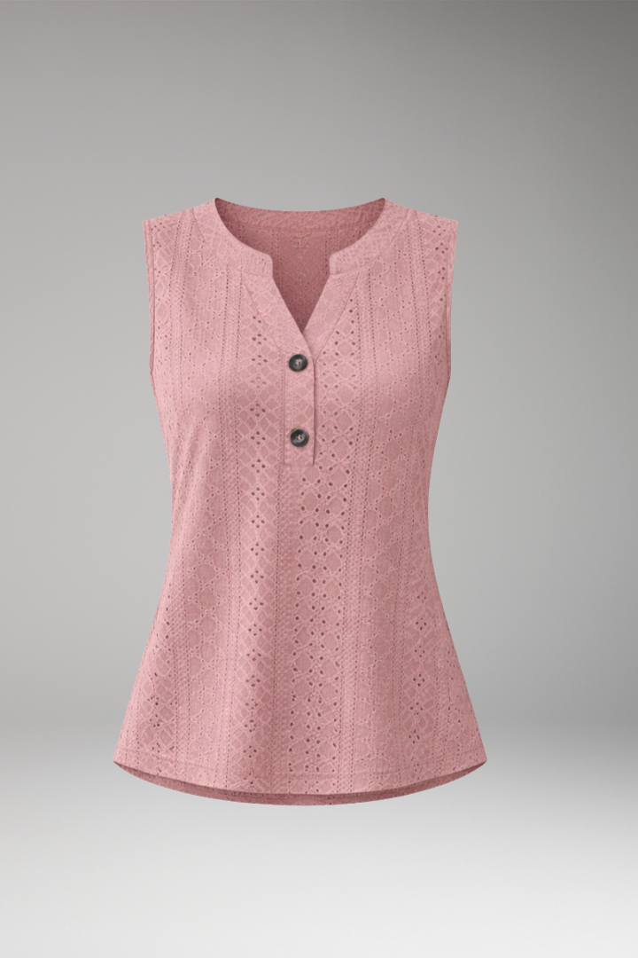 Women's Sleeveless Blouse with Button Placket and Openwork Pattern
