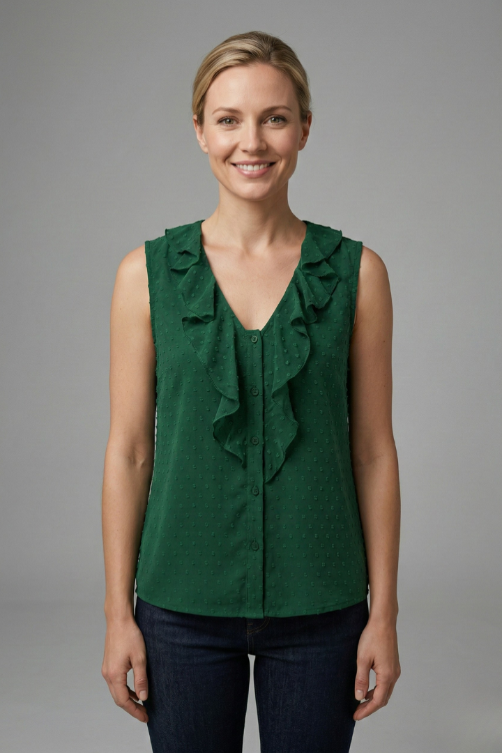 Women’s Sleeveless Blouse with V-Neck and Ruffle Trim