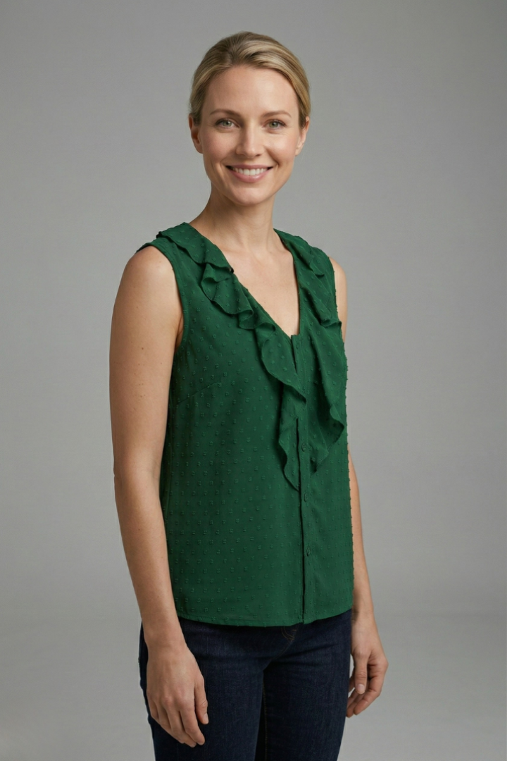 Women’s Sleeveless Blouse with V-Neck and Ruffle Trim