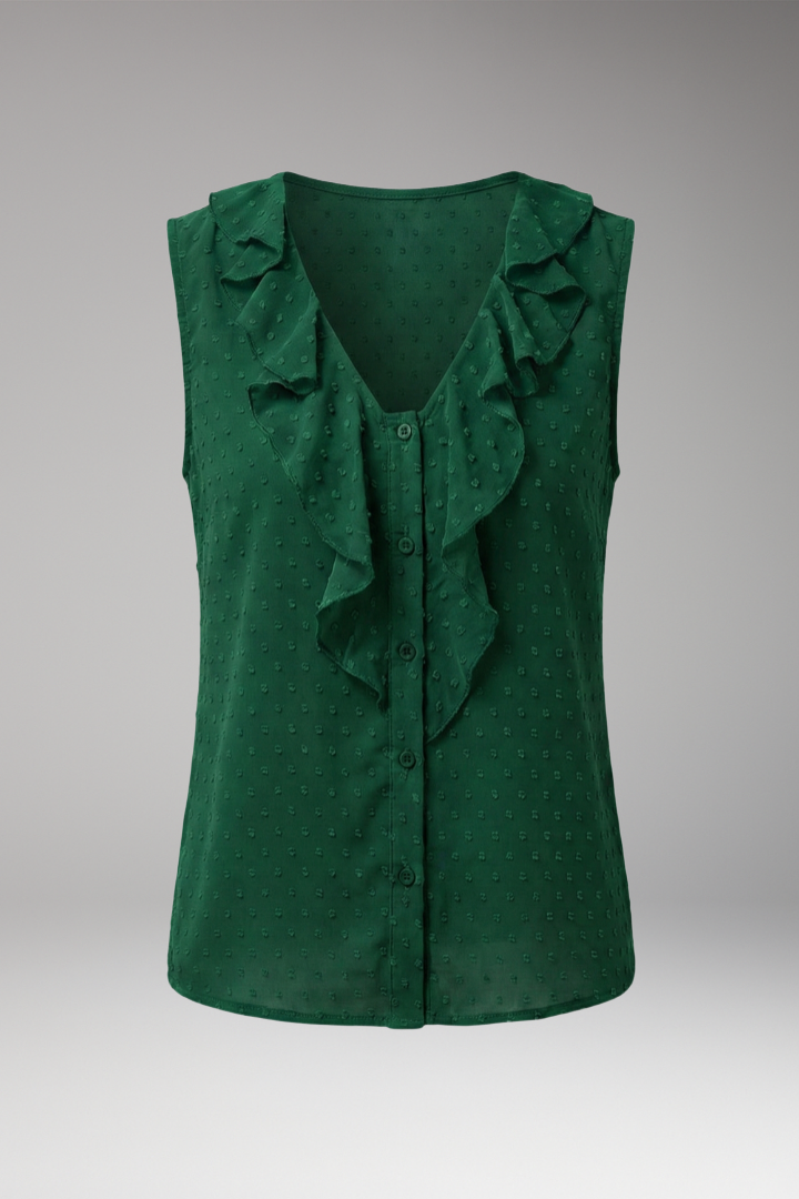 Women’s Sleeveless Blouse with V-Neck and Ruffle Trim
