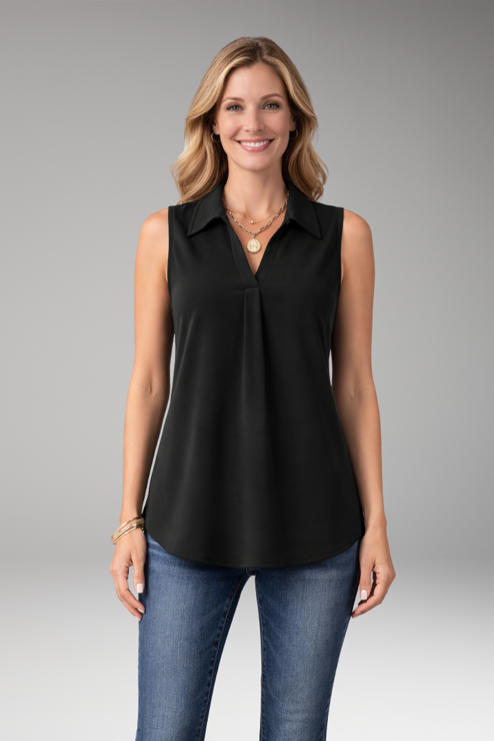 Women’s Sleeveless Blouse with V-Neckline and Collar Detail