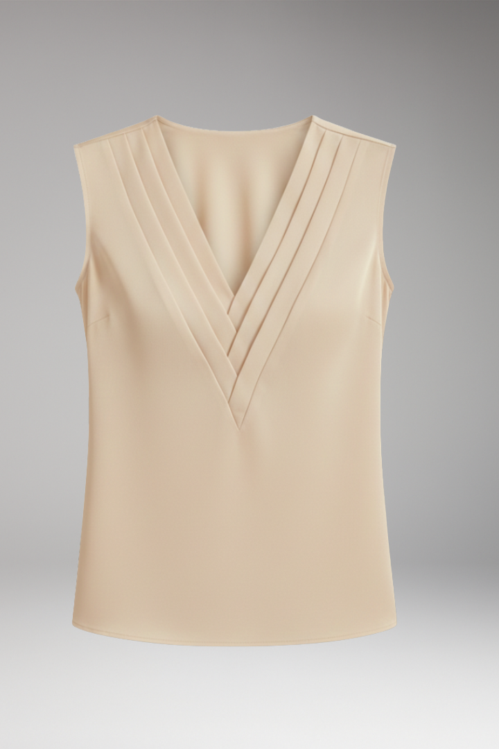 Women's Sleeveless Blouse with V-Neckline and Pleated Design