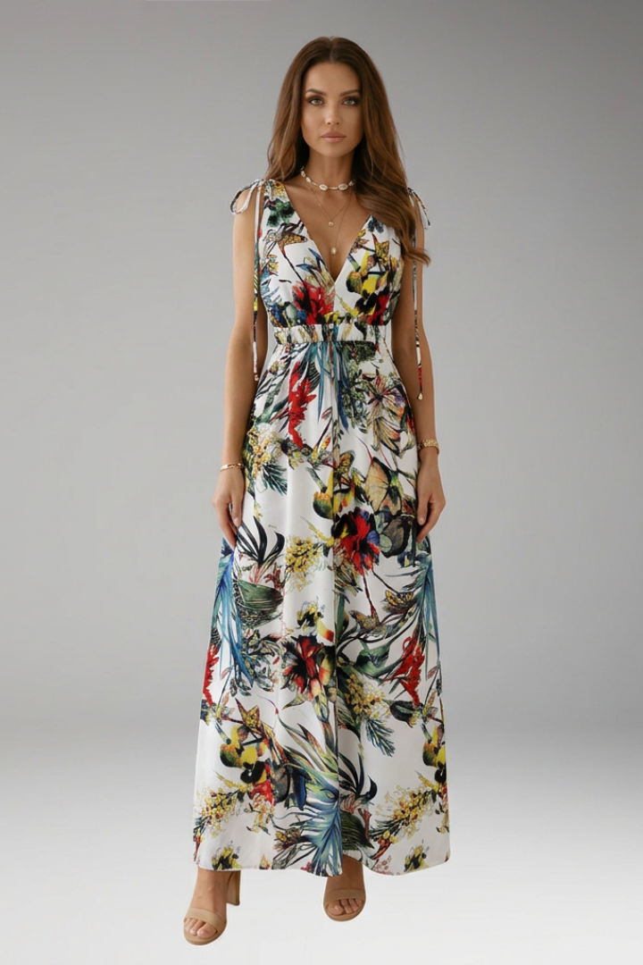 Women's Sleeveless Maxi Dress with Tropical Print and V-Neck