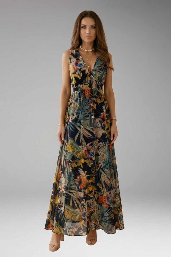 Women's Sleeveless Maxi Dress with Tropical Print and V-Neck
