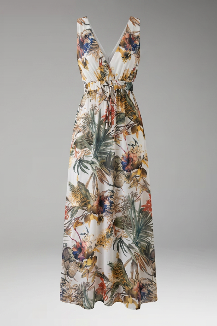 Women's Sleeveless Maxi Dress with Tropical Print and V-Neck