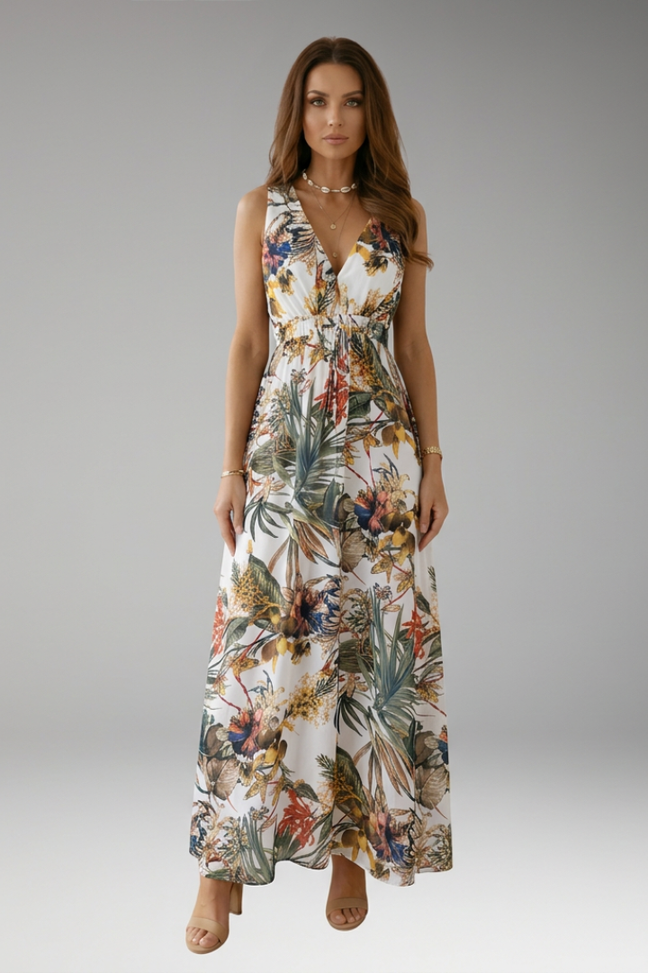 Women's Sleeveless Maxi Dress with Tropical Print and V-Neck