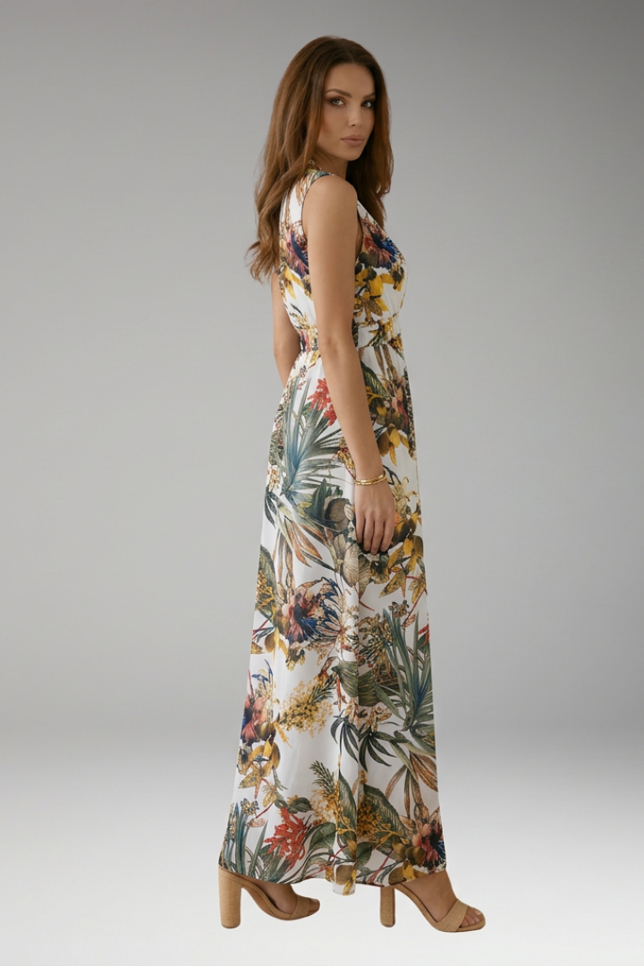 Women's Sleeveless Maxi Dress with Tropical Print and V-Neck