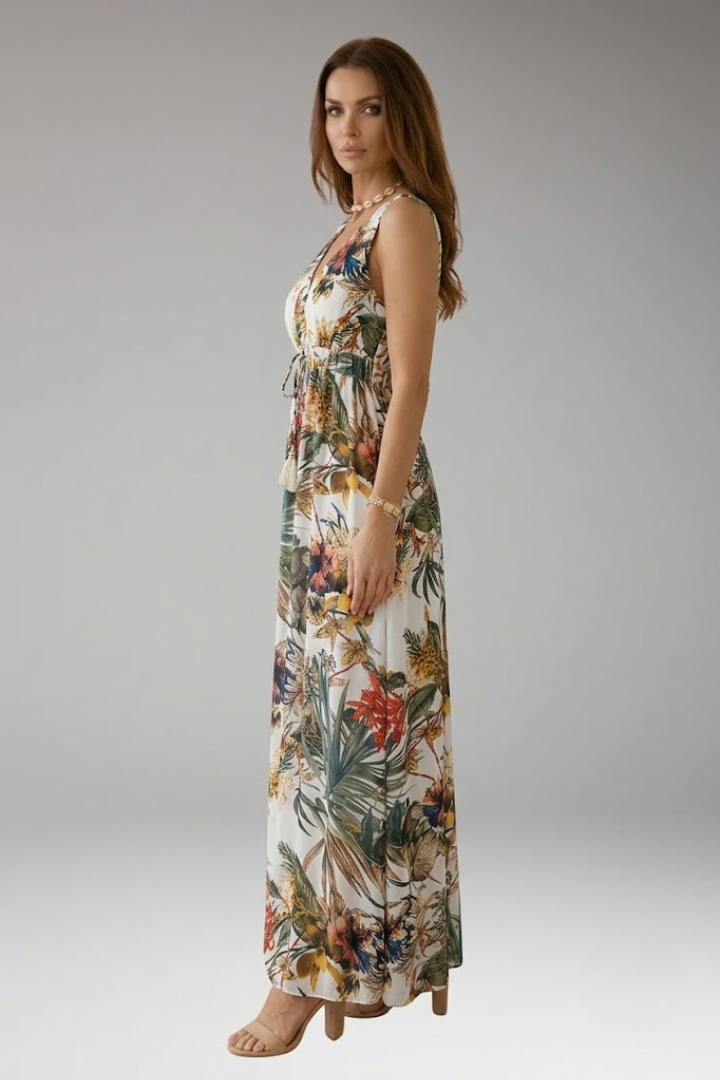 Women's Sleeveless Maxi Dress with Tropical Print and V-Neck