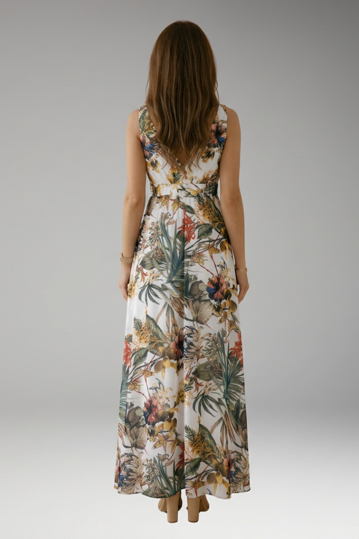 Women's Sleeveless Maxi Dress with Tropical Print and V-Neck