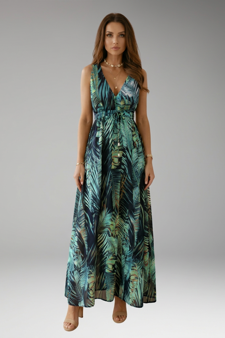 Women's Sleeveless Maxi Dress with Tropical Print and V-Neck