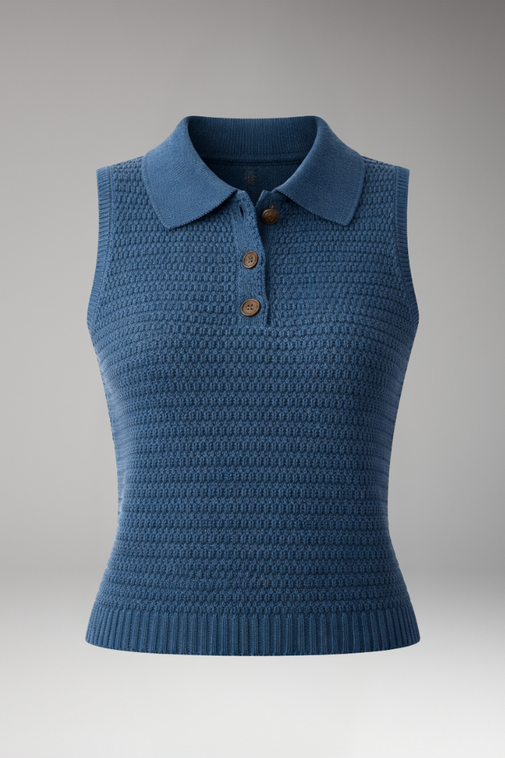 Women’s Sleeveless Polo Top with Button Placket and Textured Surface