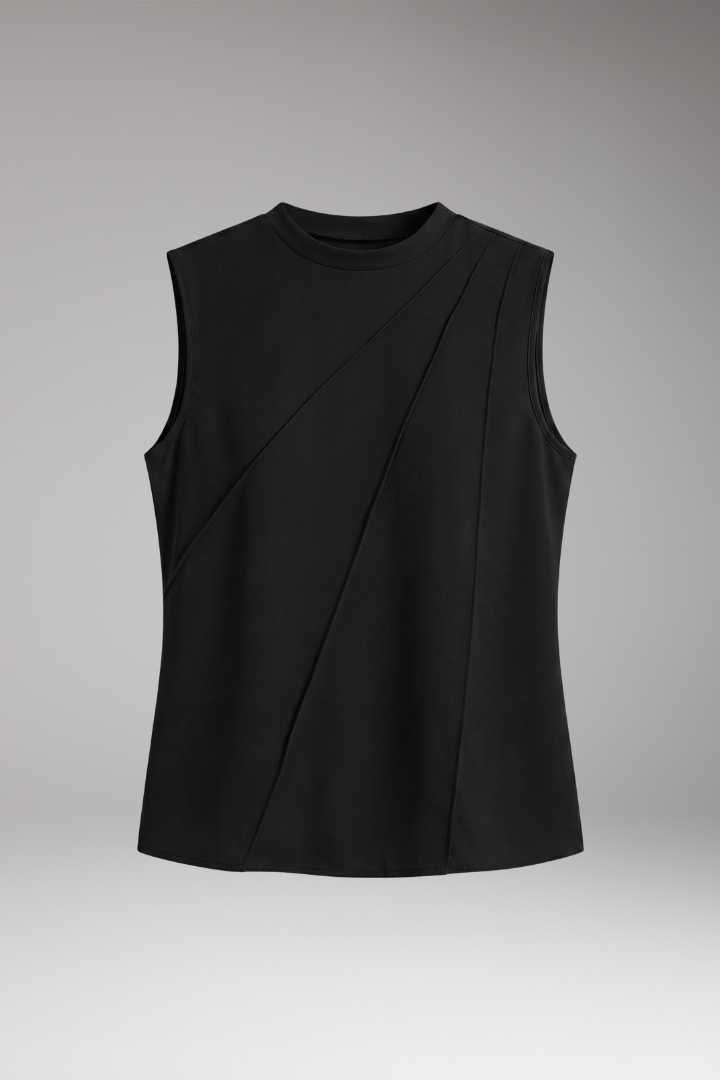 Women's Sleeveless Top with Asymmetrical Design and Round Neck