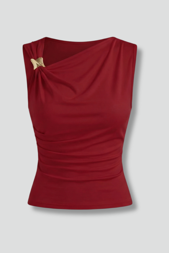 Women’s Sleeveless Top with Asymmetrical Neck and Draped Surface
