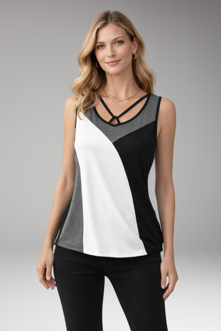 Women’s Sleeveless Top with Colourblock Design and Crisscross Straps