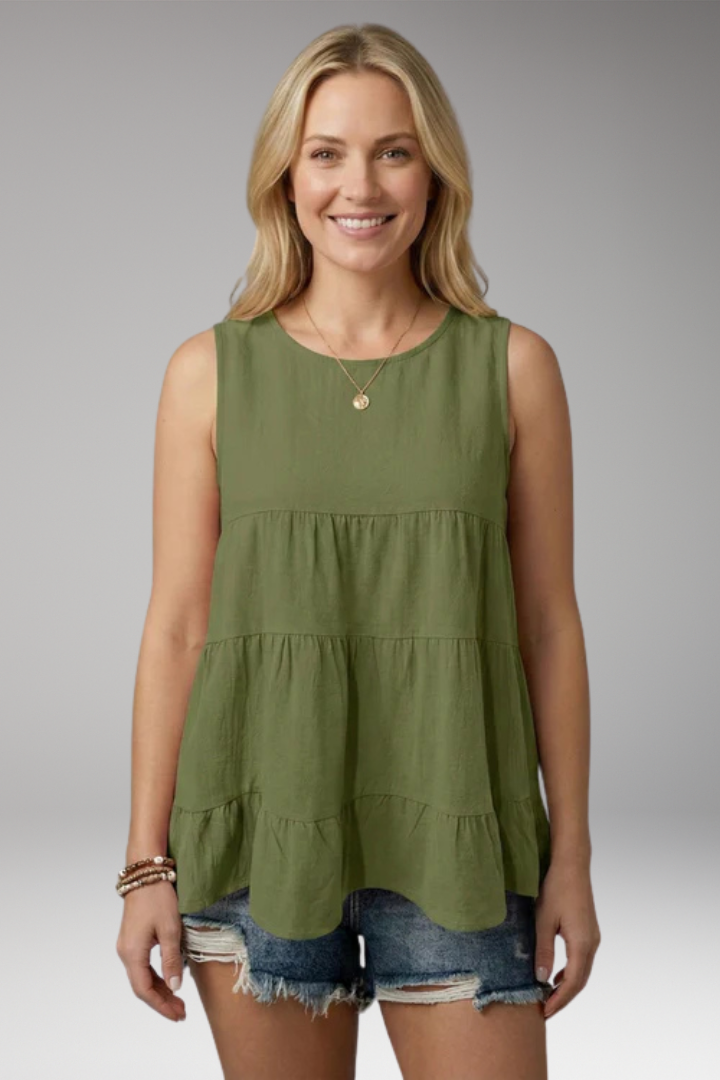 Women's Sleeveless Top with Round Neckline and Voluminous Ruffles