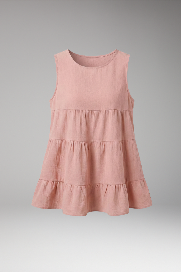 Women's Sleeveless Top with Round Neckline and Voluminous Ruffles