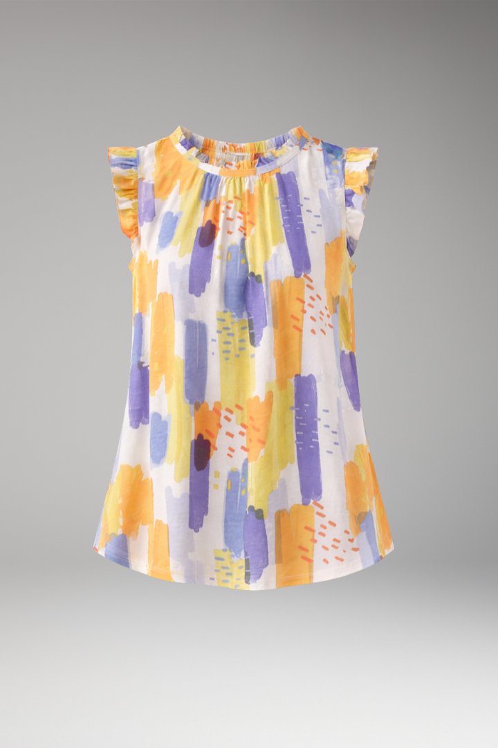 Women's Sleeveless Top with Ruffled Collar and Abstract Pattern