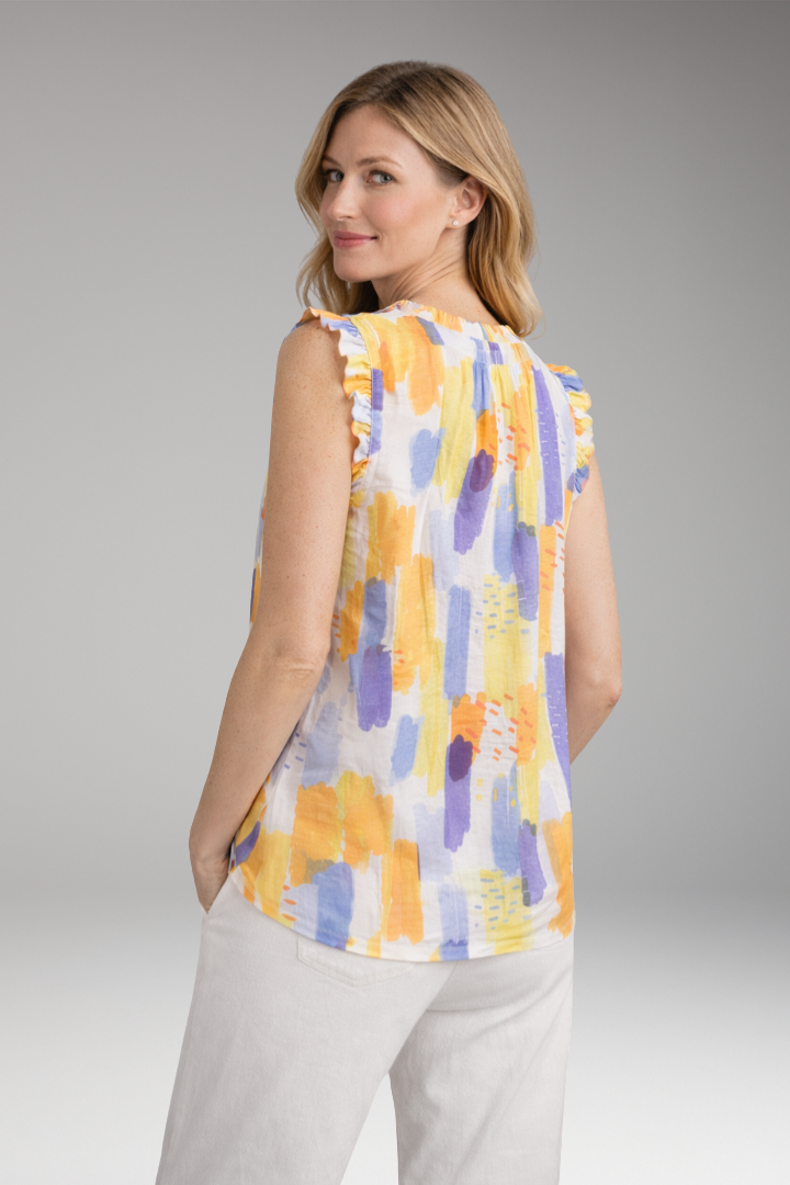 Women's Sleeveless Top with Ruffled Collar and Abstract Pattern