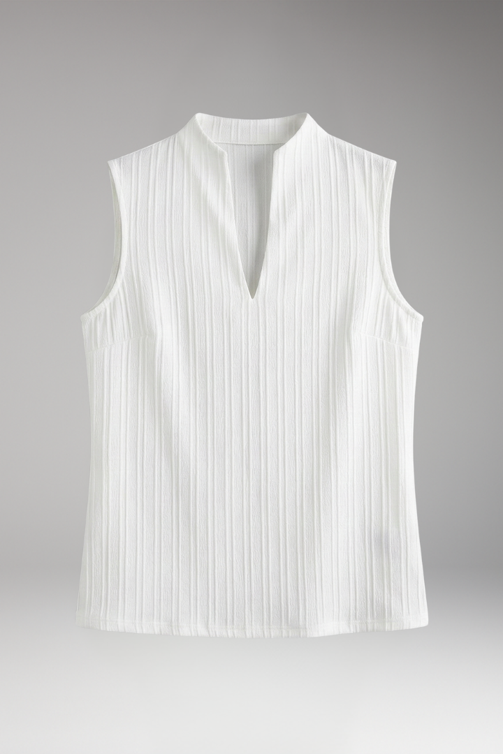 Women’s Sleeveless Top with Stand Collar and Pleated Surface