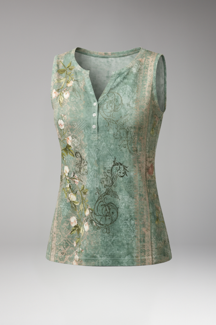 Women’s Sleeveless Top with V-Neck and Button Front