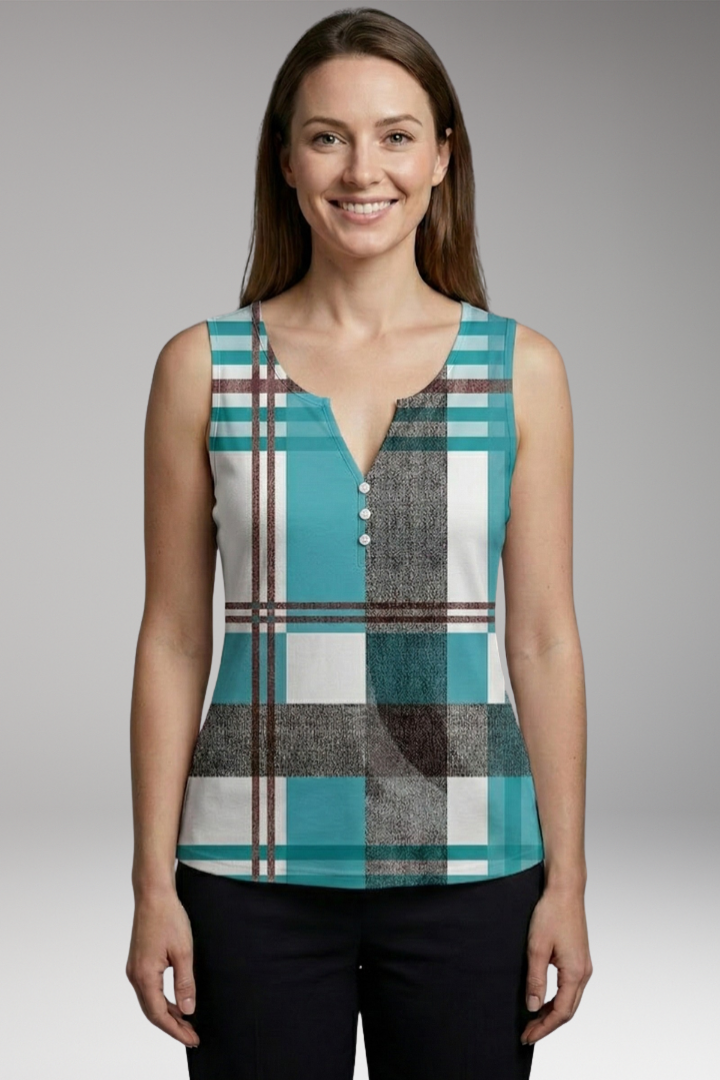 Women’s Sleeveless Top with V-Neck and Front Buttons
