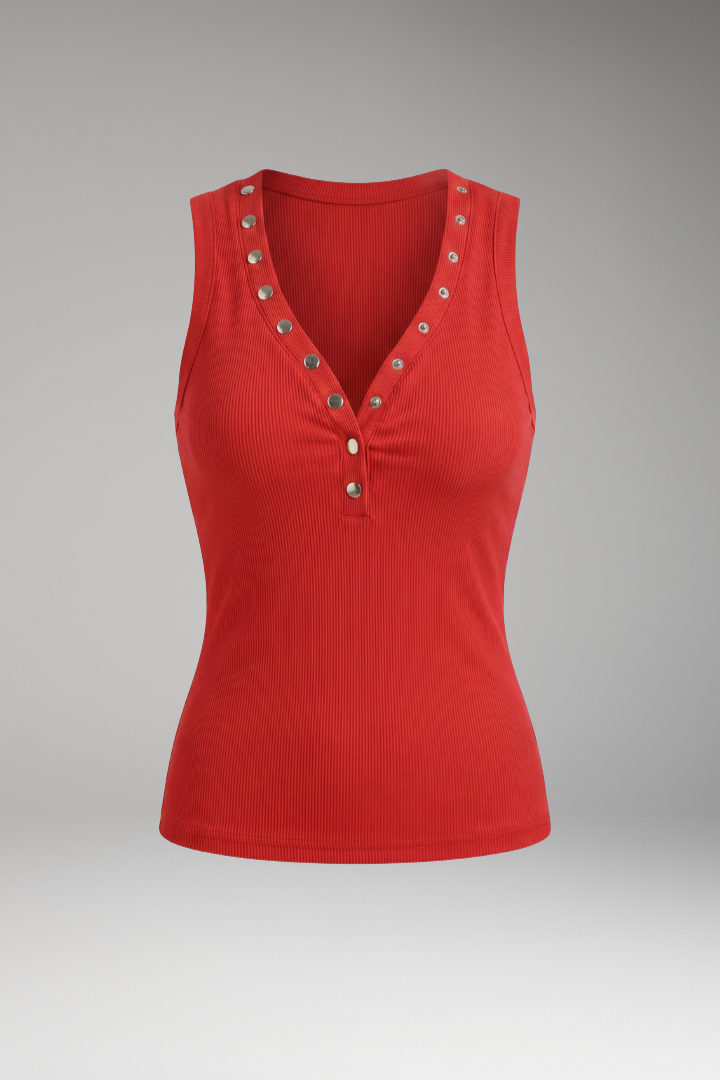 Women’s Sleeveless Top with V-Neck and Snap Buttons