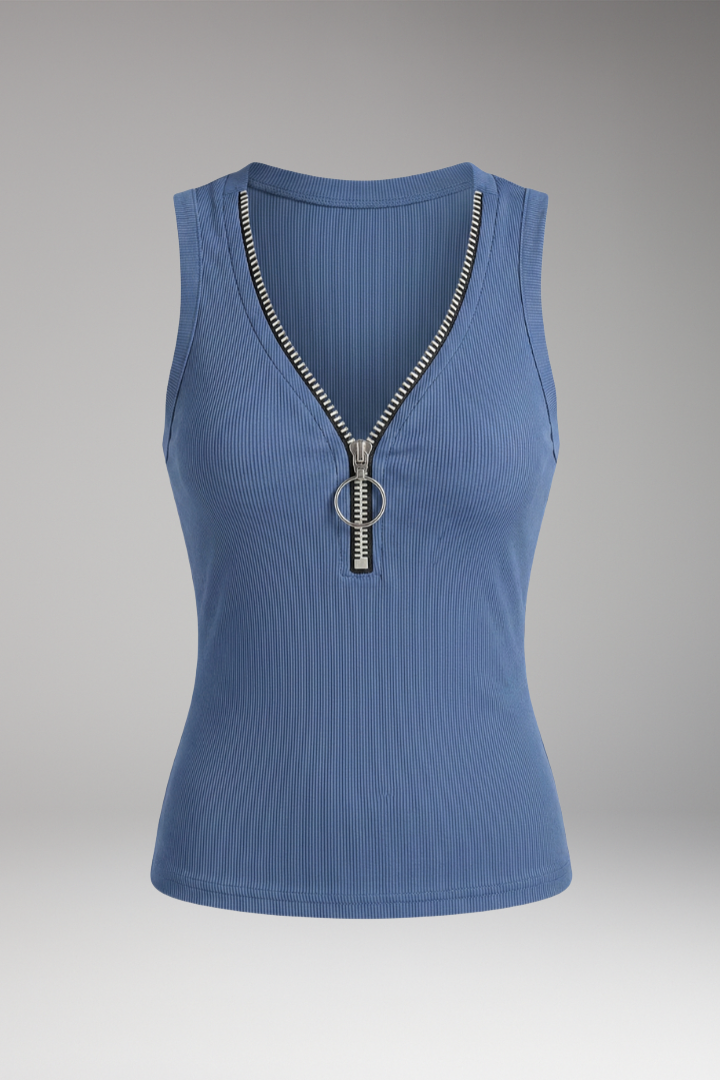Women’s Sleeveless Top with V-Neck and Zipper Closure