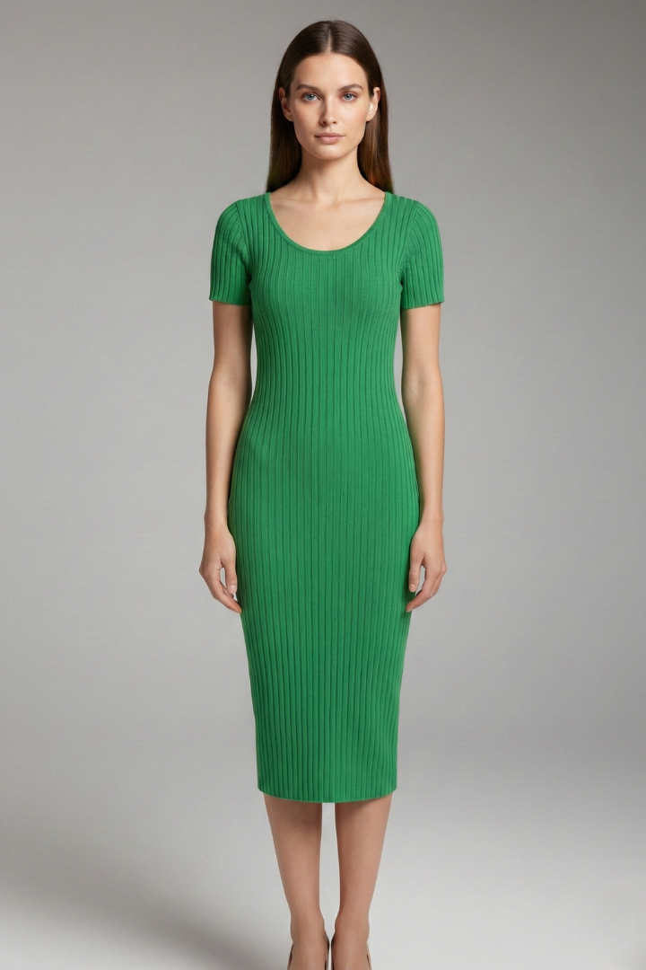 Women's Slim Fitting Ribbed Dress with a Tailored Look and Figure Enhancing Fit