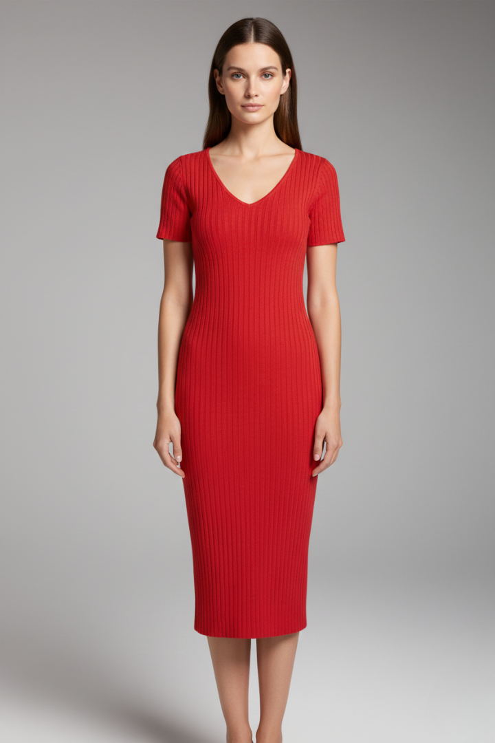 Women's Slim Fitting Ribbed Dress with a Tailored Look and Figure Enhancing Fit
