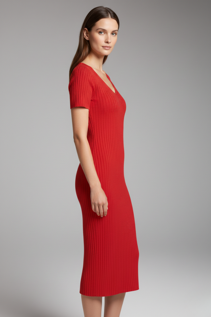 Women's Slim Fitting Ribbed Dress with a Tailored Look and Figure Enhancing Fit