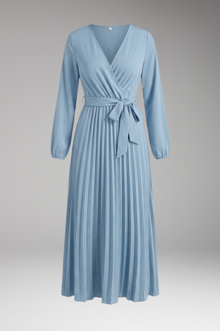 Women's Solid-Coloured Dress with Stand-Up Collar and Pleated Belt