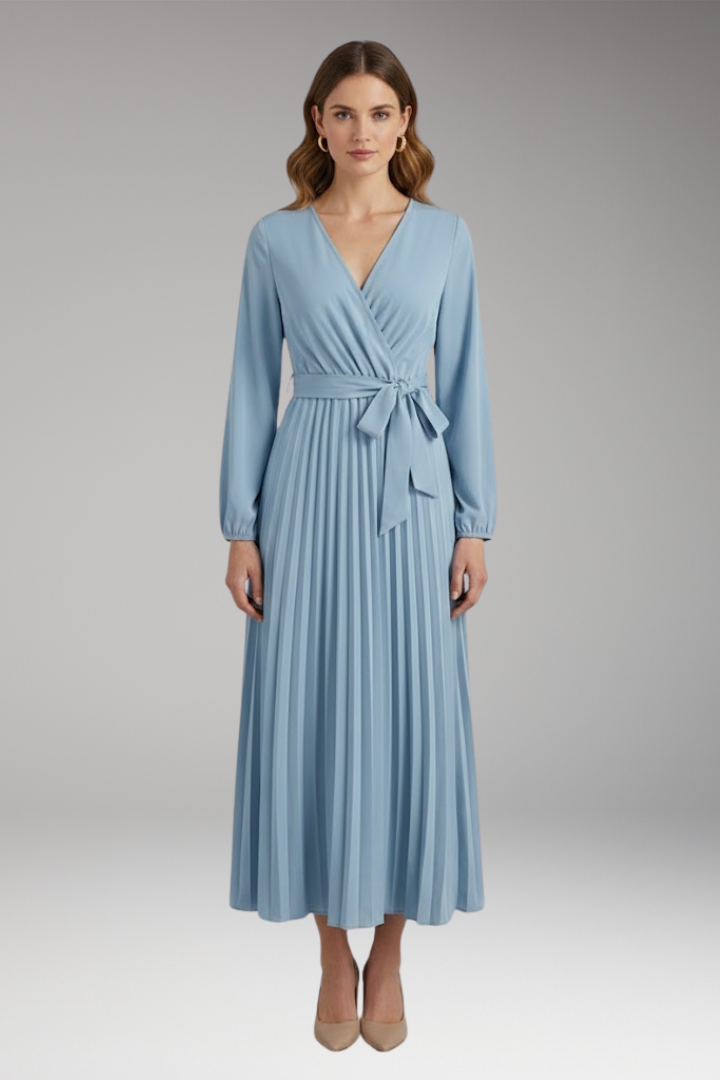 Women's Solid-Coloured Dress with Stand-Up Collar and Pleated Belt