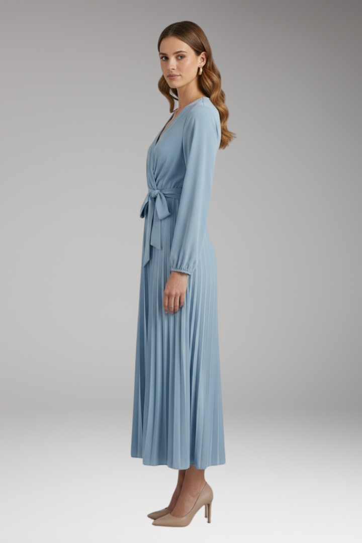 Women's Solid-Coloured Dress with Stand-Up Collar and Pleated Belt