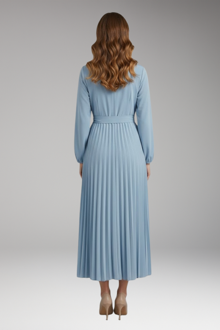 Women's Solid-Coloured Dress with Stand-Up Collar and Pleated Belt
