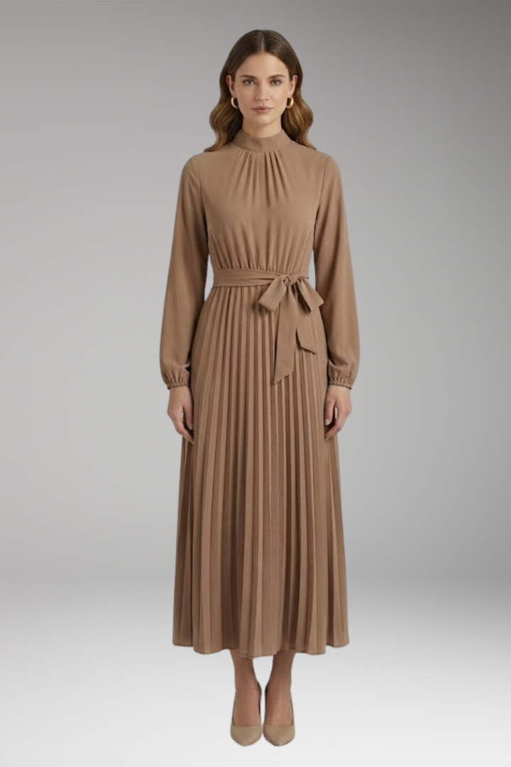 Women's Solid-Coloured Dress with Stand-Up Collar and Pleated Belt