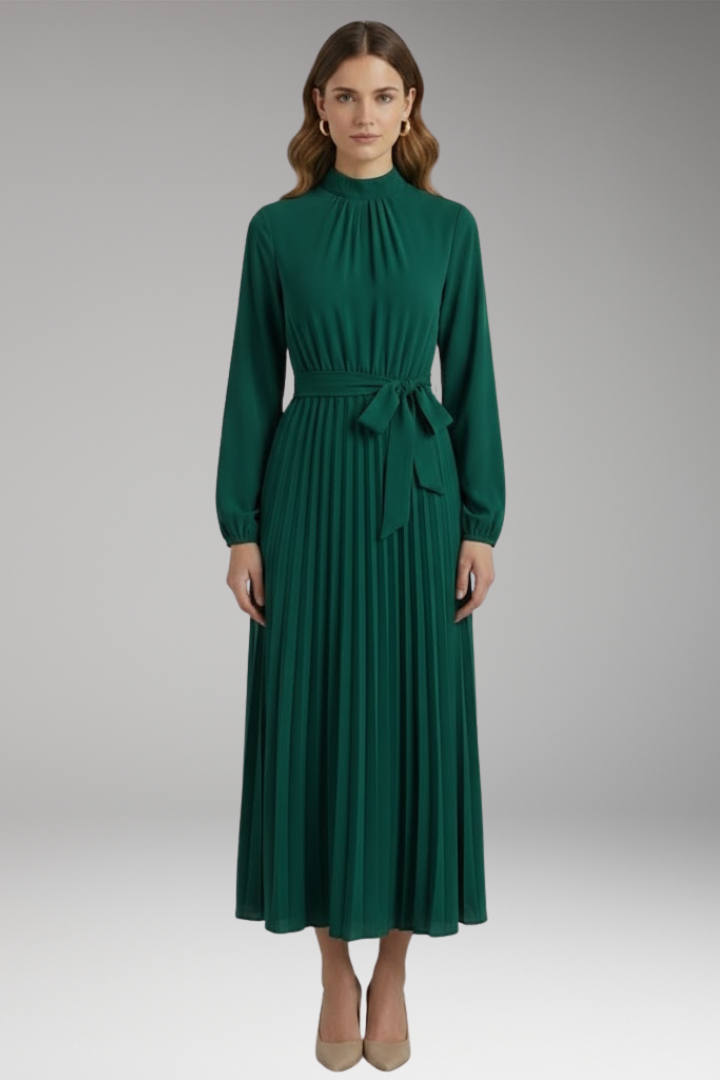 Women's Solid-Coloured Dress with Stand-Up Collar and Pleated Belt