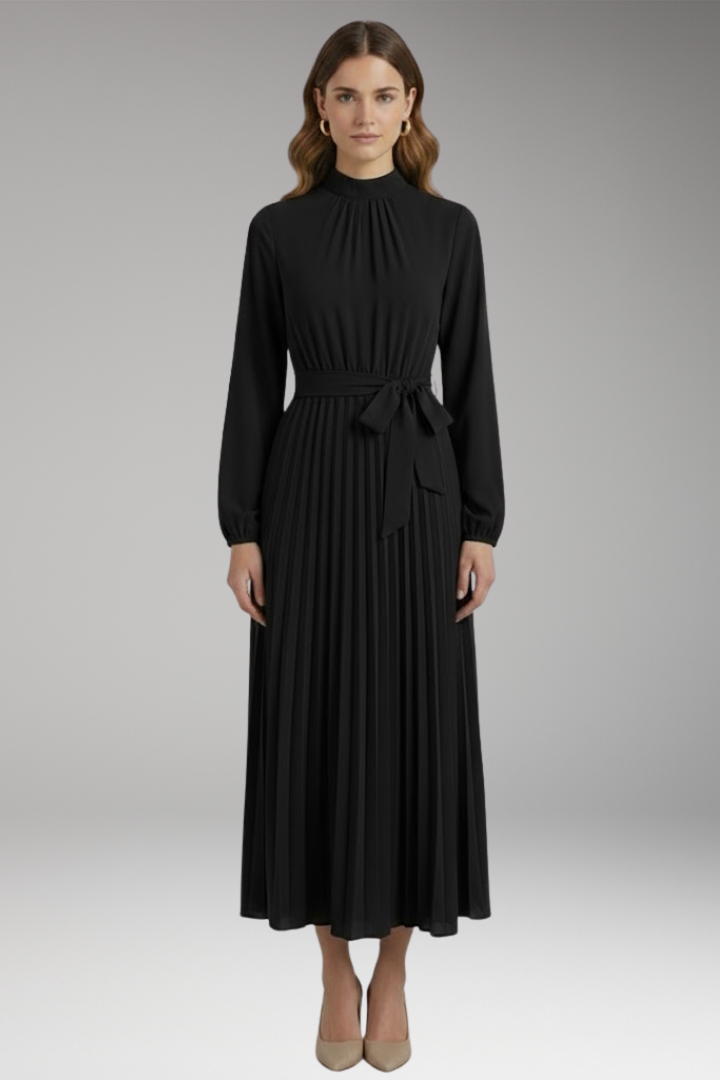 Women's Solid-Coloured Dress with Stand-Up Collar and Pleated Belt