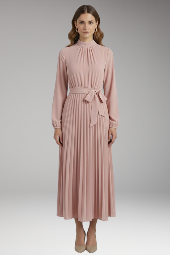 Women's Solid-Coloured Dress with Stand-Up Collar and Pleated Belt